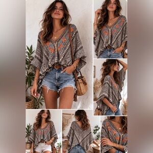 Flying Tomato Boho V-Neck Embroidered Poncho Top in Taupe & Orange